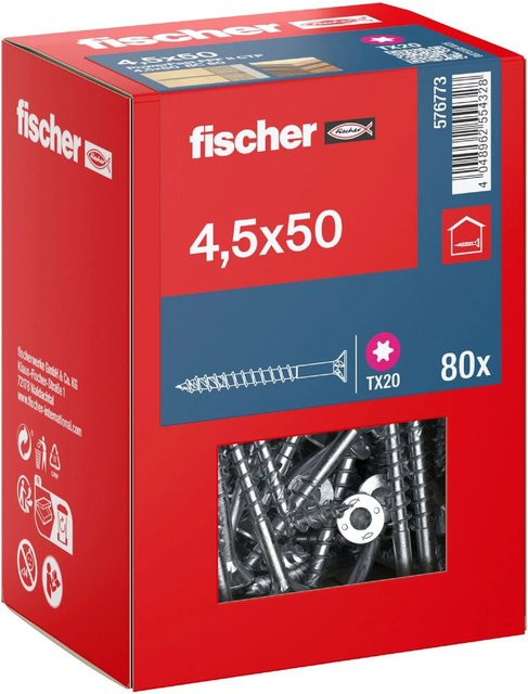 Fischer PowerFast II Senkkopf Schrauben mit Torx-Antrieb und Teilgewinde, verzinkter Stahl, Farbe Silber/Blau, Durchmesser: 4,5 mm, Länge: 50 mm, 80 Stück - Bild 1