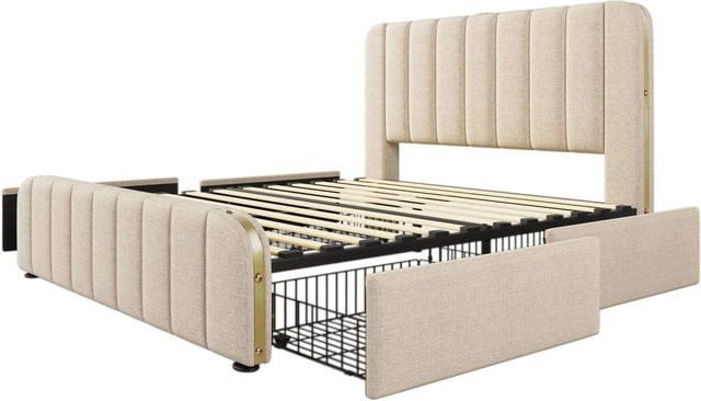 okwish Polsterbett mit 4 Schubladen und USB Type-C Ladefunktion, Beige/Gold, B/T/H: 140 x 200 x 101 cm - Bild 1