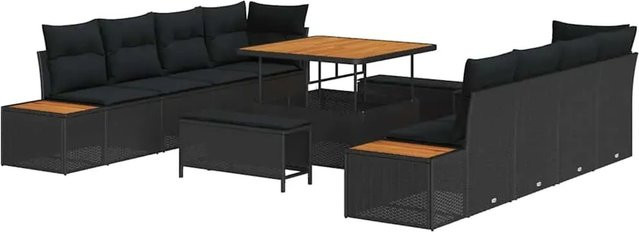 vidaXL Garten-Sofa-Set aus Poly-Rattan und Akazienholz in Schwarz mit 11-teiligem Polster-Set und Tisch - Bild 1