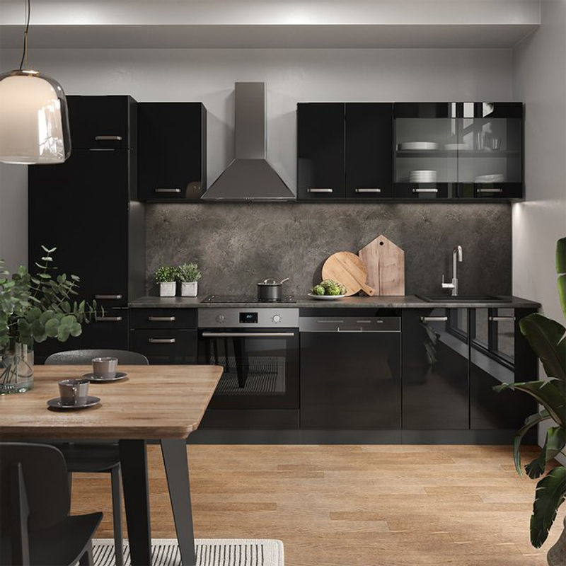 Vicco Küchenzeile R-line Modern in Schwarz Hochglanz und Anthrazit, Breite: 300 cm, Höhe: 207 cm, Tiefe: 60 cm - Bild 1