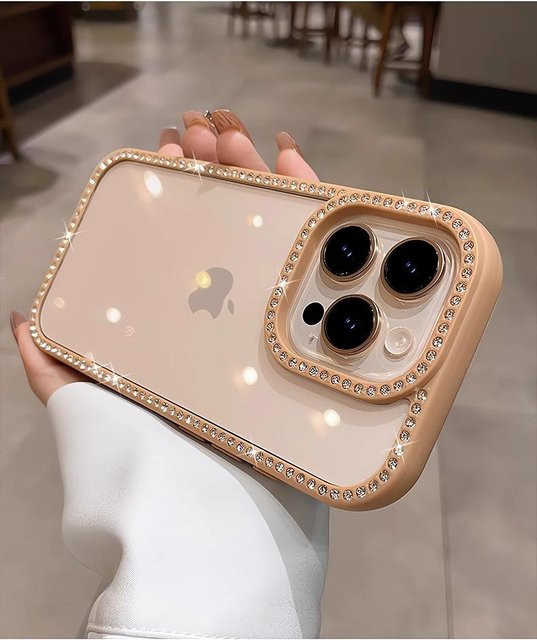 Yiran bag Luxus Diamant Glitzer Handyhülle für iPhone 12 13 14 15 16 Pro Max Plus, Transparent Beige, Stoßfeste Softcase Schutzhülle mit weichem Rahmen - Bild 1