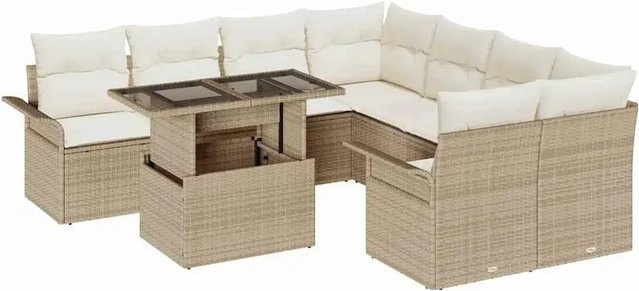 vidaXL Garten-Sofa-Set aus Poly-Rattan in Beige mit 9-teiliger Polstergarnitur und Tisch - Bild 1