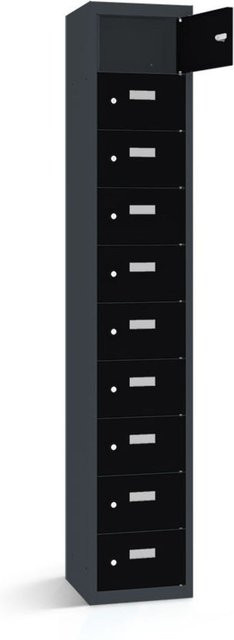 rotstahl Wertfachschrank mit 10 Fächern in Schwarz und anthrazitgrauem Korpus, B/T/H: 32,5 x 30 x 180 cm - Bild 1