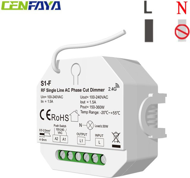 CENFAYA Einzeiliger AC-Fasenschnitt-RF-Dimmer ohne Neutralleiter für dimmbare LED-Lampen, Weiß - Bild 1