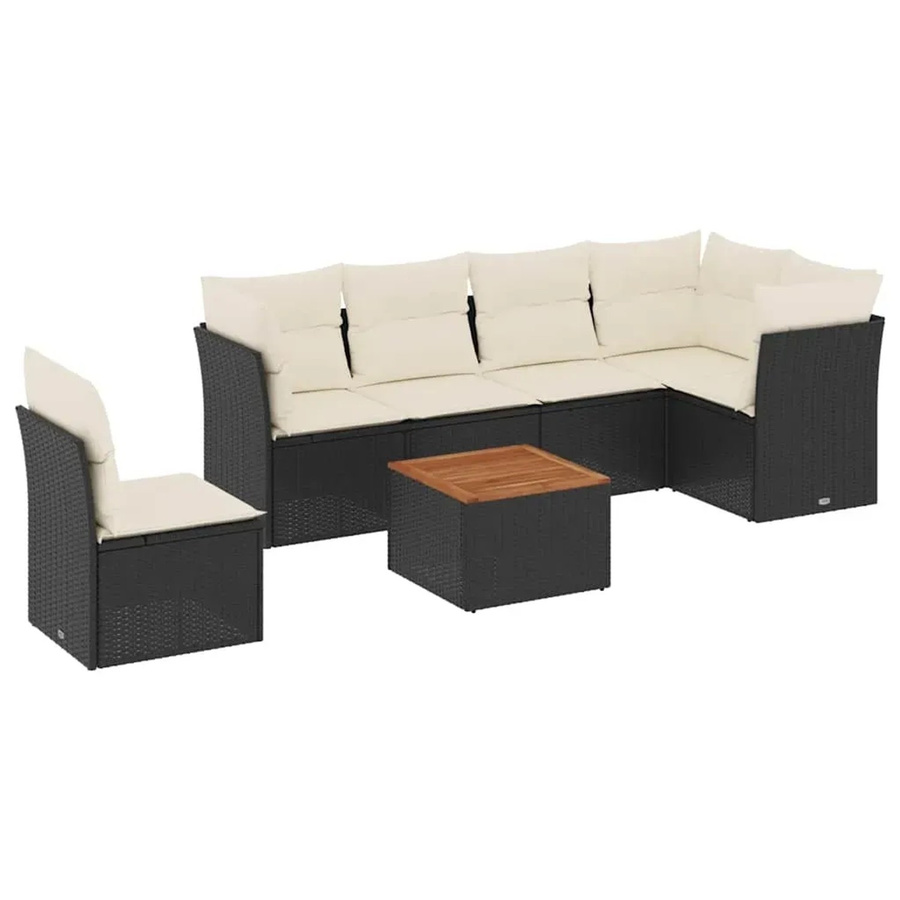 vidaXL 7-teilige Garten-Sofagarnitur in L-Form mit Polyrattan und Kissen, Schwarz-Creme - Bild 2