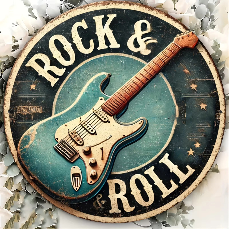 HELLOYOUNG Aluminium-Metall-Blechschild Rock & Roll mit Gitarrenmotiv, runde Wandkunst-Dekoration in Multicolour, B/H: 20 x 20 cm - Bild 3
