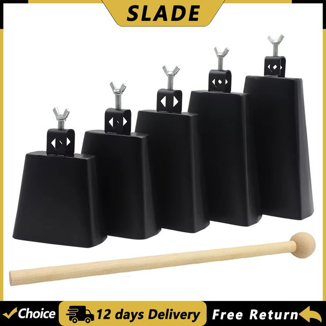 SLADE Kuhglocke aus Metall in Schwarz als Percussion Instrument Zubehör für Jazz und Trommeln inklusive Drumsticks - Bild 1