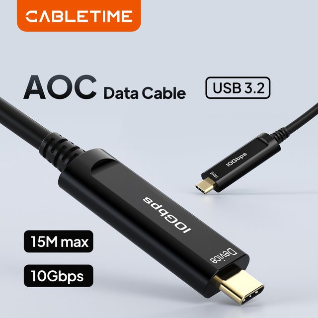 CABLETIME USB C 3.2 Gen 2 Aktives Optisches Datenkabel AOC-Faser-Datenübertragung in Schwarz für Gaming, VR und Kameras mit 10 Gbit/s - Bild 1