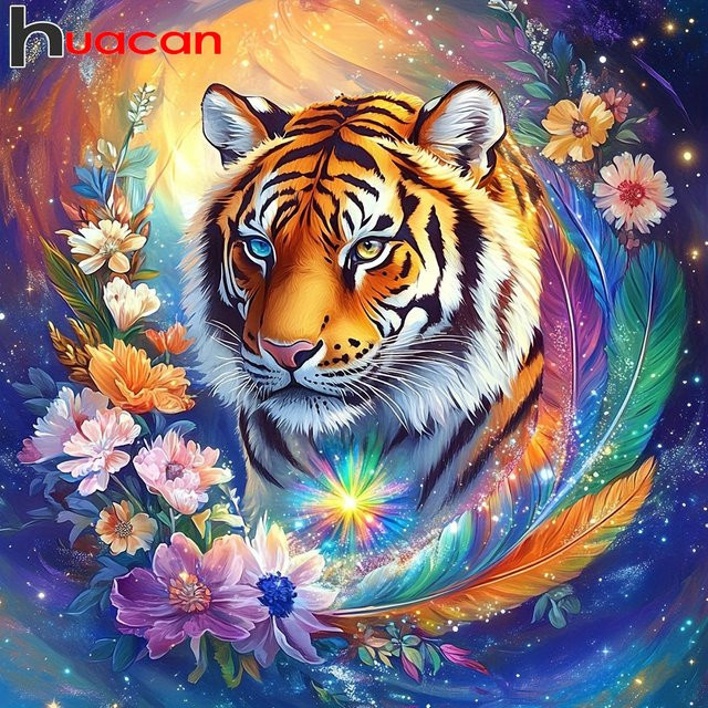 Huacan Diamant-Gemälde Tiger Mosaik-Bild mit Blumen in Multicolour, Rund, B/T/H: 20 x 20 x 20 cm - Bild 1