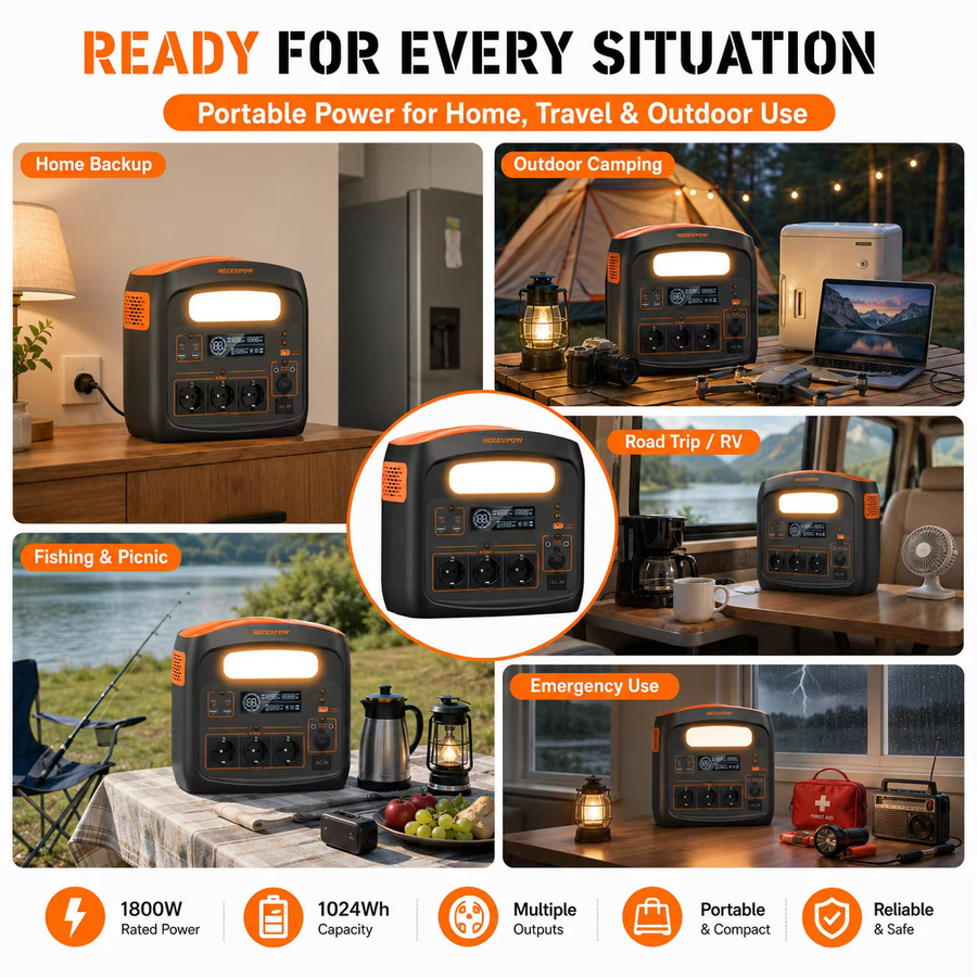 Tragbare Powerstation NECESPOW N1200 in Schwarz mit 1024Wh Kapazität, 1800W Leistung, LiFePO4 Akku, Solargenerator mit UPS-Funktion, 1000W AC, PD100W und LED-Licht für Camping und Notfälle - Bild 4