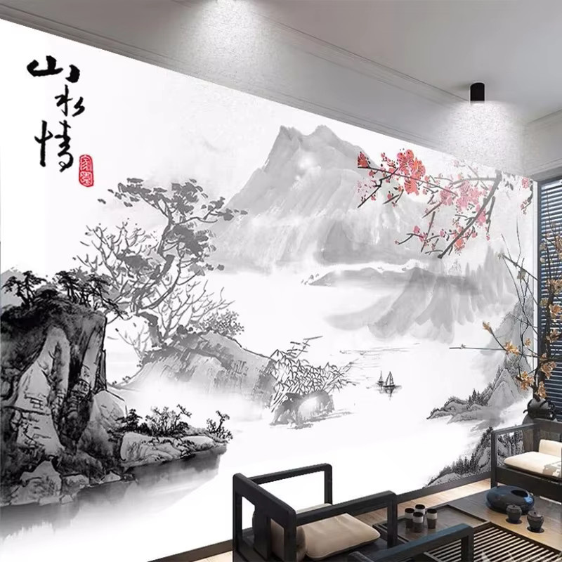 Personalisierbare Wandtapete im chinesischen Stil mit Landschafts-Tintenmalerei und Strohtextur in Mehrfarbig für Wohnzimmer, Schlafzimmer oder Arbeitszimmer - Bild 2