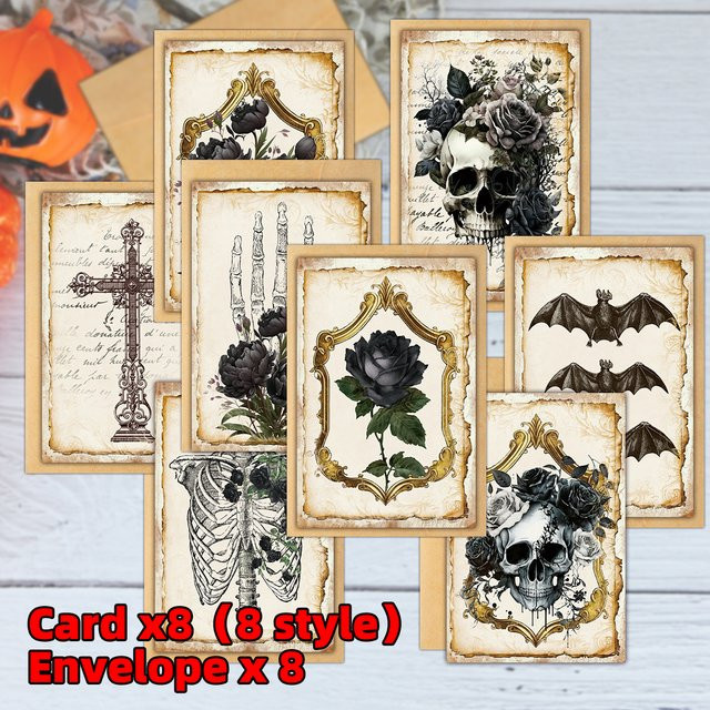 12 Stück gotische Halloween-Grußkarten mit Umschlag in Schwarz und Multicolour mit schwarzer Rose und Skelett-Design aus Papier - Bild 1