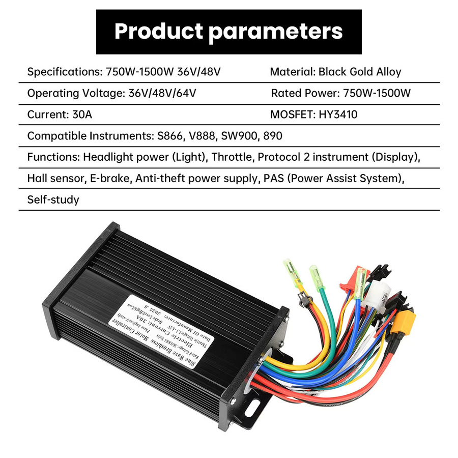 Aideepen Sinuswellen Brushless Motorcontroller für E-Bikes, 3-Modus-Treiber für 750-1500W, kompatibel mit LCD-Displays S866, V888, SW900, 890, Schwarz - Bild 3