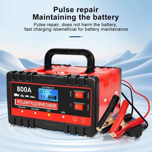 Intelligentes 12V Batterieladegerät für Auto und Motorrad mit Pulsreparatur-Funktion in Rot - Bild 1