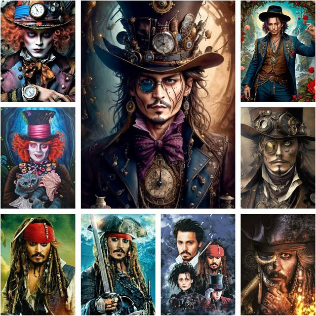 Potdemiel Diamantmosaik Malerei Set Captain Jack Sparrow Motiv 5D DIY Kreuzstich Steampunk Design Multicolor B: 30 cm, H: 20 cm - Bild 1