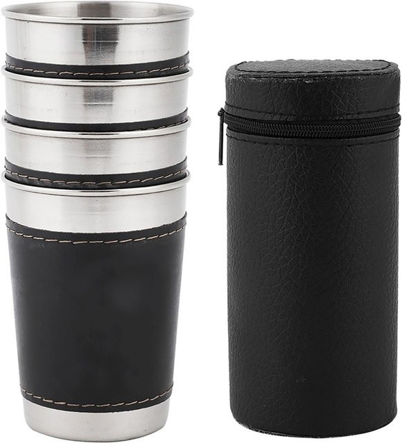 CosyHome 4er Set Mini Edelstahl Weinbecher und Kaffeebecher in Silber mit Lederhülle, 170 ml pro Stück - Bild 1