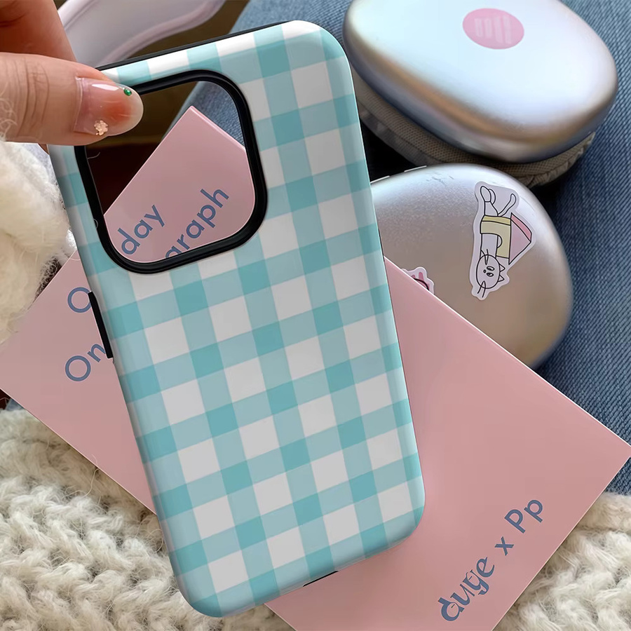 Potdemiel Handyhülle mit Gingham Check in Pastellblau für iPhone 17 16 15 14 13 12 Pro Max Plus mit doppelschichtiger Rückseite - Bild 3