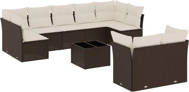 vidaXL 10-teilige Garten-Sofagarnitur aus Polyrattan in Braun mit L-Form und Kissen inklusive Gartentisch - Bild 1