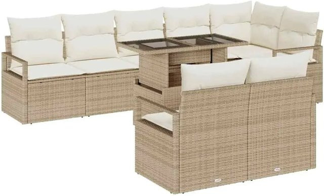vidaXL Garten-Sofa-Set aus Poly Rattan in Beige, 9-teiliges Lounge-Set mit Polsterung und integriertem Stauraum - Bild 1