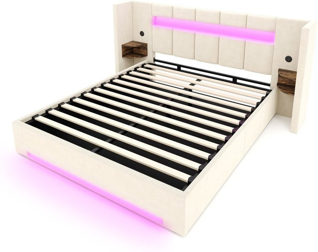 GOMYWAY Home Multifunktionaler Stoffbettrahmen mit USB-Ladeport, LED-Unterbettbeleuchtung und Bettseitigen Regalen, Beige, B/T/H: 225 x 212 x 103 cm - Bild 1