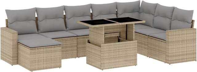 vidaXL 9-tlg. Garten-Sofagarnitur in L-Form aus beigem Poly-Rattan mit Kissen und pulverbeschichtetem Stahlgestell - Bild 1