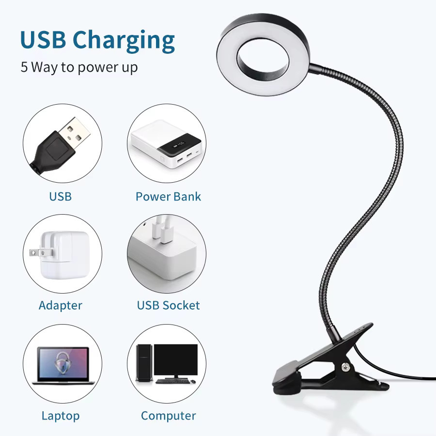 AVACOM Clip-on-Schreibtischlampe mit 48 LEDs in Schwarz, flexible 360 Grad Schwanenhals-Leselampe mit USB-Anschluss für Home Office und Nachtlicht - Bild 2