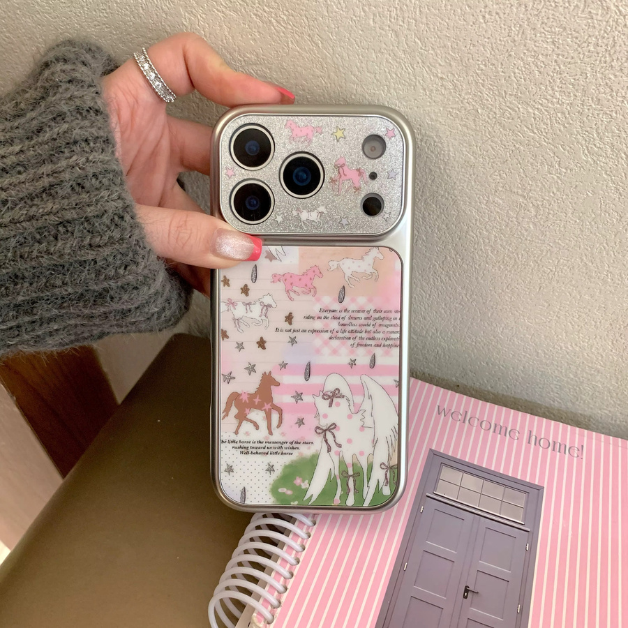 TROPLET Handyhülle mit Pastellfarbenem Collage-Design in Pink für iPhone 17 16 15 14 13 Pro Max mit Patchwork, Sternenhimmel, Pony und Glitzer-Kamera-Rahmen - Bild 4