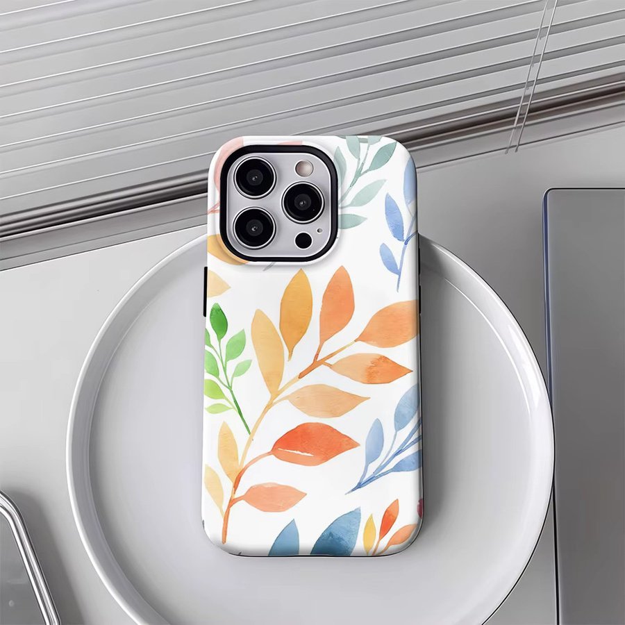 Aquarelllaub Handyhülle für iPhone 17 16 15 14 13 12 11 Pro Max Plus mit doppelschichtiger Rückseite in Multicolour - Bild 3