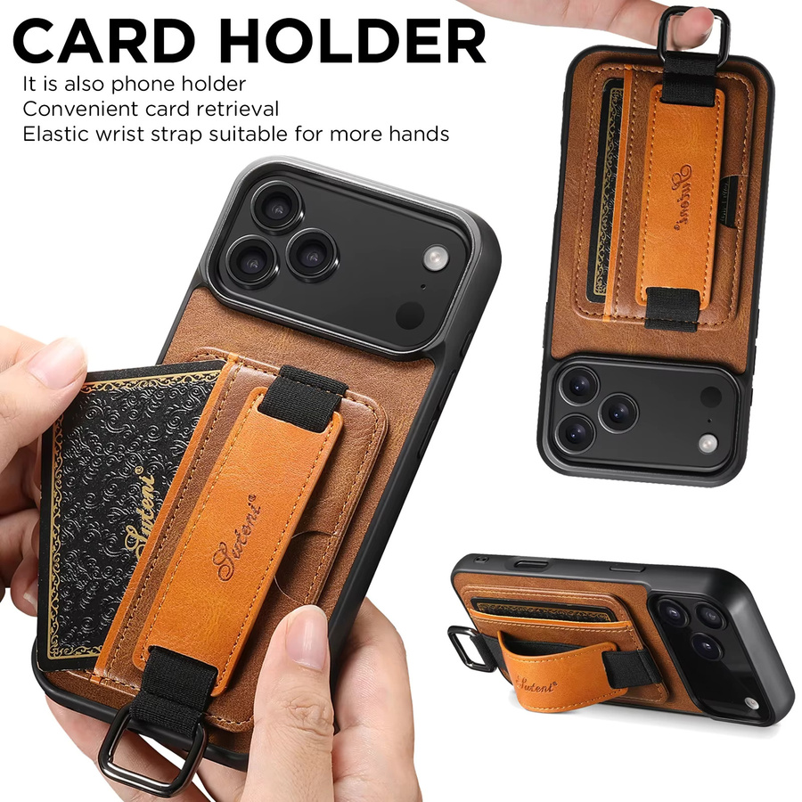 EUCAGR Handyhülle mit Handgelenkband, Ringverschluss und Kartenhalter aus Kunstleder für iPhone 17 Pro Max 16 Plus 15 14 13 12 Pro Max in Braun - Bild 4