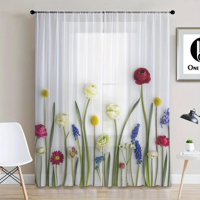 Yiran Furniture Transparente Vorhänge mit Blumenmuster aus Polyester, 2 Paneele, UV-beständig, B/H: 100 x 130 cm - Bild 1