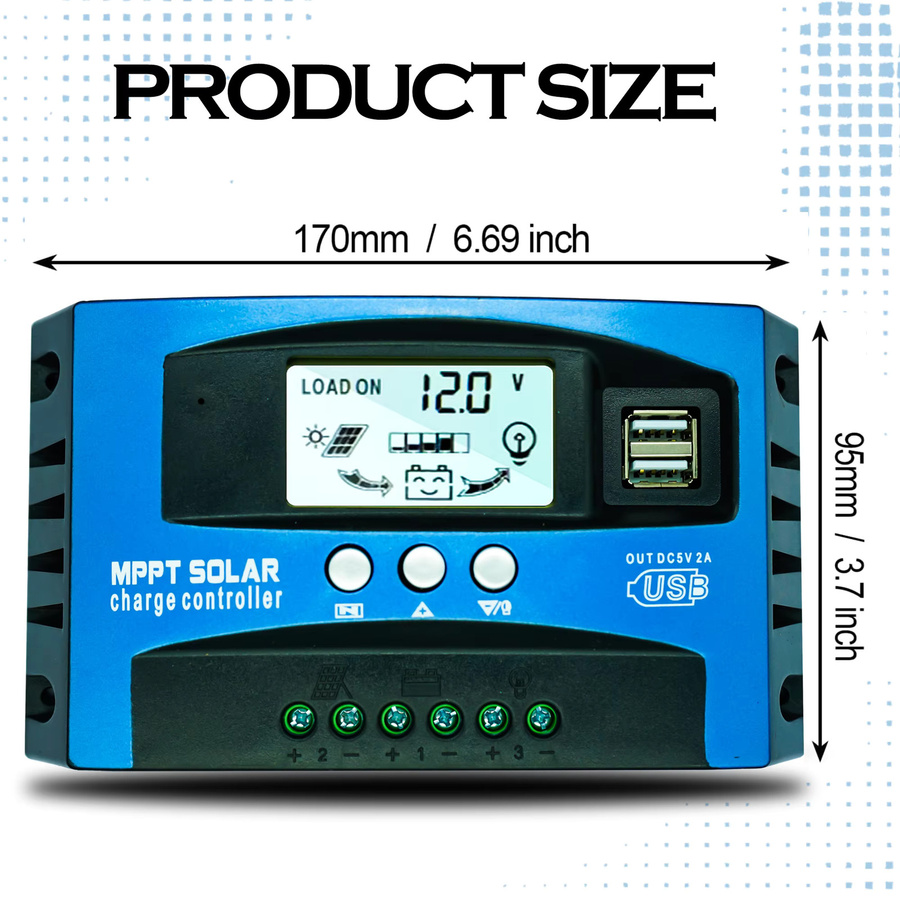 Powlsojx Solar Laderegler 12V 24V mit LCD-Display und Dual-USB-Anschlüssen in Blau - Bild 3