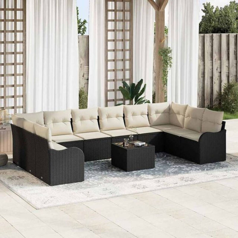 vidaxl Garten-Sofa-Set aus Poly-Rattan mit 11-teiligem Kissen-Set in Schwarz - Bild 1