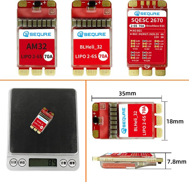 Sequre 2670 Bürstenloser ESC 2-6S 70A in Rot mit BLHeli_32/AM32 Unterstützung für FPV Renn Drohnen, UAV und Modellboote - Bild 1