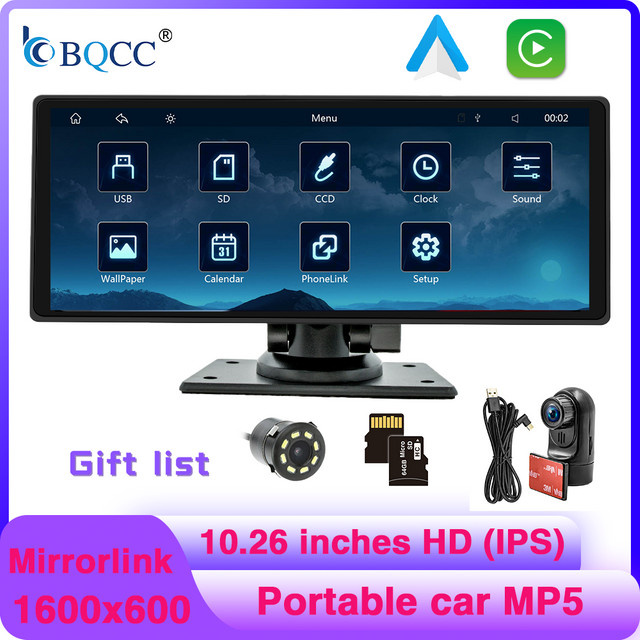 BQCC Tragbarer 10,26 Zoll Auto MP5 Player mit Wireless CarPlay, Android Auto und Mirrorlink, Rückspiegel mit Bluetooth, USB und DVR in Schwarz - Bild 1