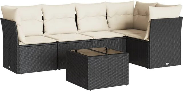 vidaXL 6-tlg Garten-Sofagarnitur aus Poly-Rattan mit Kissen in Schwarz und Cremeweiß Modell 48 - Bild 1