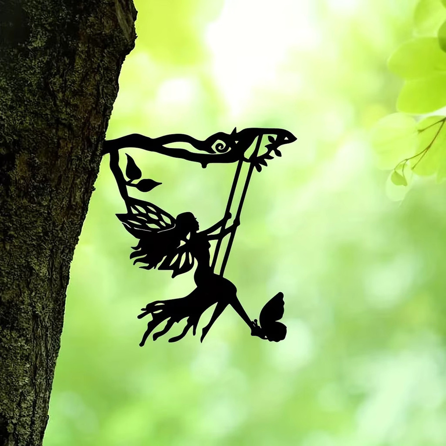 CIFBUY Metall-Wandkunst Schaukel-Elf auf Ast in Schwarz als Außenstatue für Garten, Hof und Terrasse - Bild 6