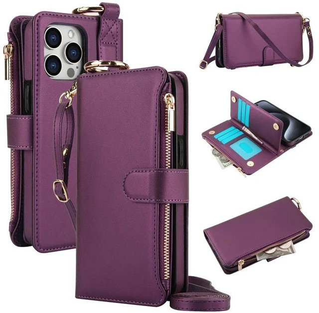 YULIN Leder Klapphandyhülle mit Reißverschluss und Kartensteckplätzen für iPhone 15 Pro, Farbe: Purple - Bild 1