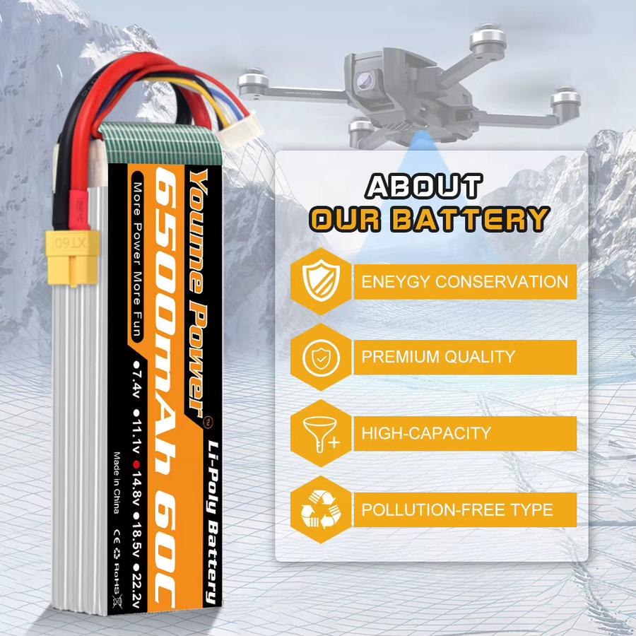 Youme 4S LiPo Akku 14,8V mit 6500mAh und XT60 Anschluss für RC FPV Flugzeuge, Drohnen, Racing-Boote und Autos - Bild 4