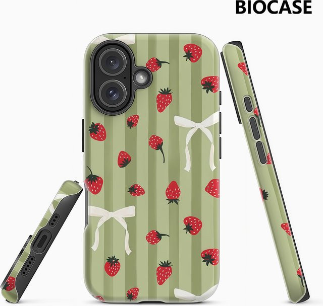 Handyhülle mit Erdbeeren, weißen Schleifen und grünen Streifen für Apple iPhone 17 16 15 14 Pro Max Plus, doppellagige Rückseite, mehrfarbig - Bild 1