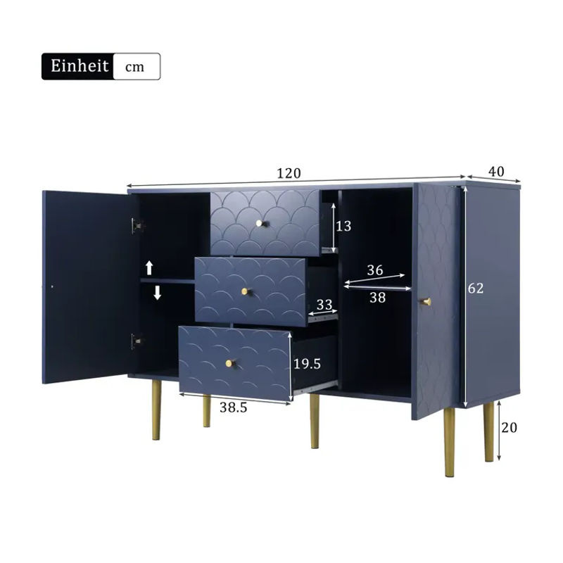 PINGGO Kommode in Marineblau mit 3 Schubladen, 2 Türen und verstellbarem Regal, Aufbewahrungsschrank für Wohnzimmer und Schlafzimmer, B/T/H: 120 x 40 x 83 cm - Bild 6