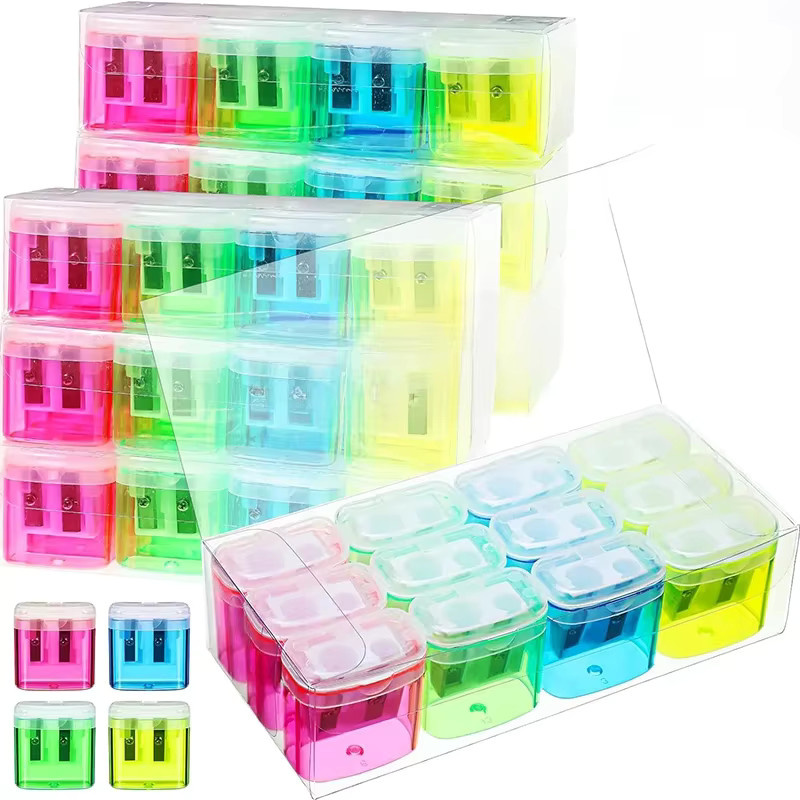12er Set Manuelle Bleistiftspitzer mit Dual-Loch und Deckel in Mehrfarben für Kinder und Schule - Bild 3