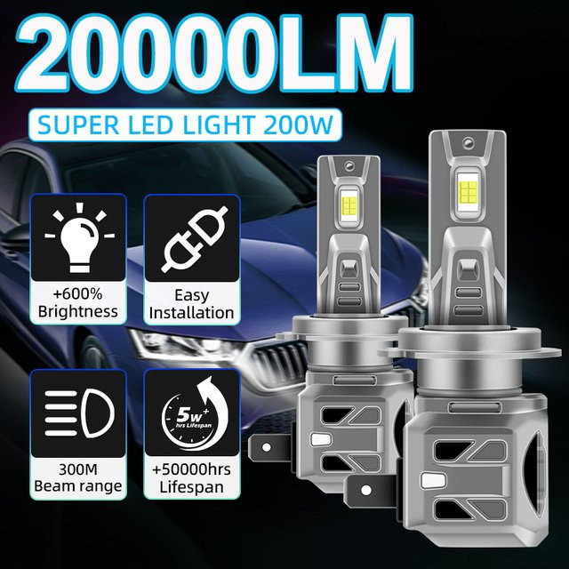 Roadsun H7 LED-Autoscheinwerfer Set in Weiß und Silber mit 20000LM High Lumen und 6500K Weiß unter Verwendung von 3570 CSP Chips - Bild 1
