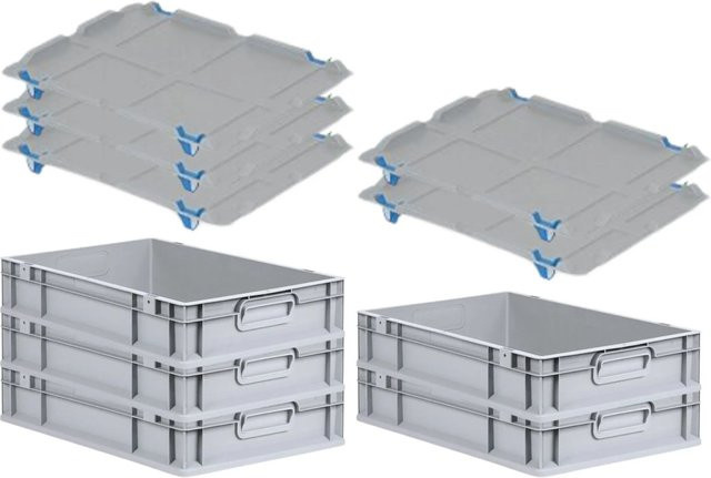 PROREGAL SparSet 5x Eurobox NextGen Grip mit Auflagedeckel und blauen Schiebeschnappverschlüssen, Grau, H x B x T: 12 x 40 x 60 cm - Bild 1
