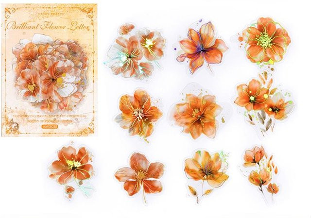 NATAWA Heißprägung Blumenaufkleber aus PET für Scrapbooking und Junk Journal, 20 Stück Packung, beige und orange - Bild 1
