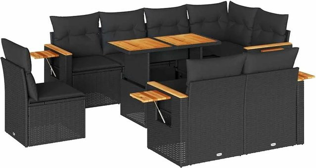 vidaXL 9-teilige Garten-Sofagarnitur in L-Form aus Poly-Rattan und Akazienholz mit Kissen in Schwarz - Bild 1