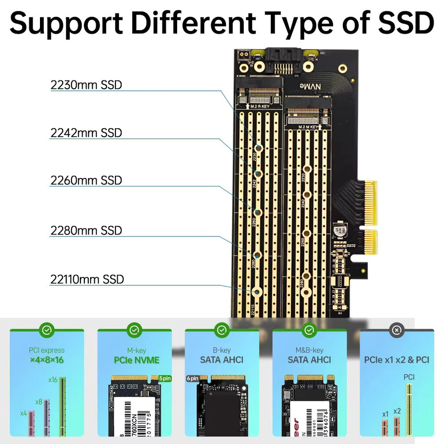 Jeyi Dual M.2 PCIe 4.0 Adapter für NVMe und NGFF SSD, unterstützt NVMe M Key und SATA B Key, Schwarz - Bild 3