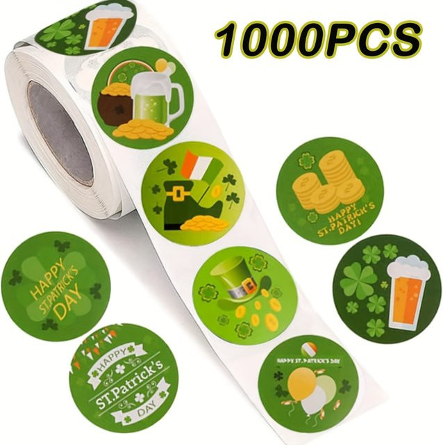 2 Rollen mit 1000 Stück St. Patrick's Day Aufkleber in Grün aus Papier mit Kleeblatt-Motiv zur Dekoration und als Geschenkpapierverschluss - Bild 1