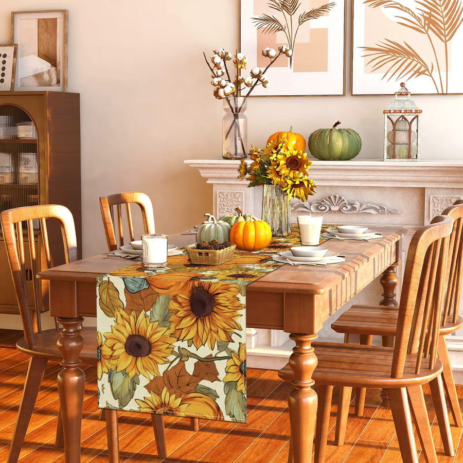 VIKAMA Tischläufer mit Aquarell-Kürbis- und Sonnenblumen-Motiv in Mehrfarbig, Landhausstil Herbst-Dekoration, B/H: 90,0 x 33,0 cm - Bild 2