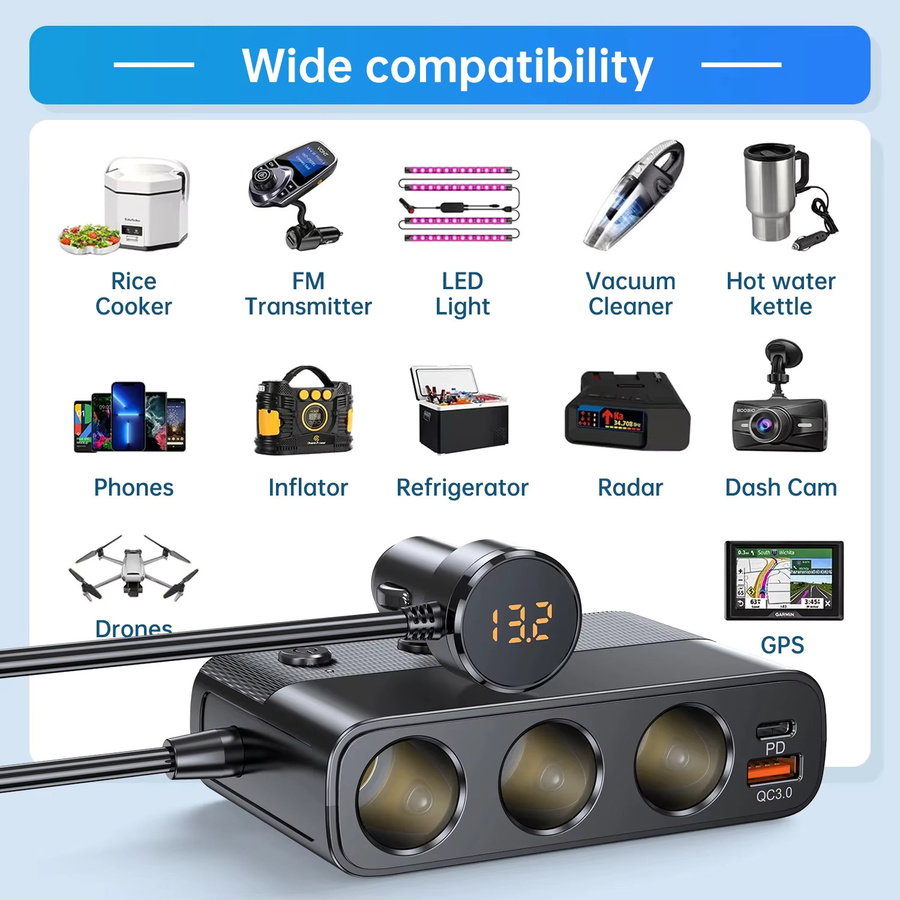 PHONEPACE 7-in-1 Autoladegerät-Splitter mit 127 W, PD30W und QC3.0, Zigarettenanzünder-Adapter mit Schalter, Schwarz - Bild 6