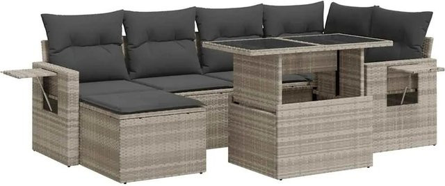 vidaXL 7-teilige Garten-Sofagarnitur in L-Form aus hellgrauem Poly-Rattan mit UV-beständigen Kissen und pulverbeschichtetem Stahlgestell - Bild 1